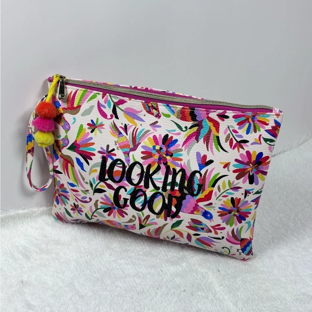 Vibrant Pink and Red Floral Cosmetic Bag with Playful Pom-Pom 🪷